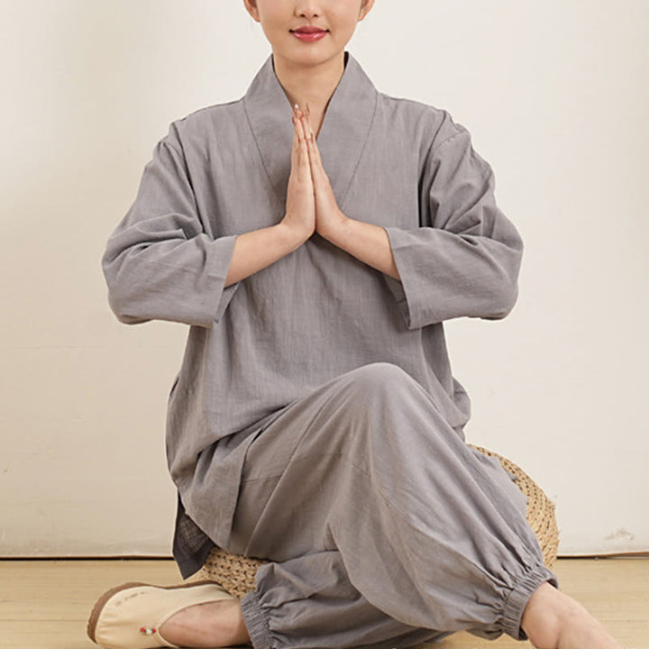 Buddha Stones 2Pcs V-Neck Three Quarter Sleeve Shirt Top Pants Meditation Zen Tai Chi Cotton Linen Clothing Women's Set