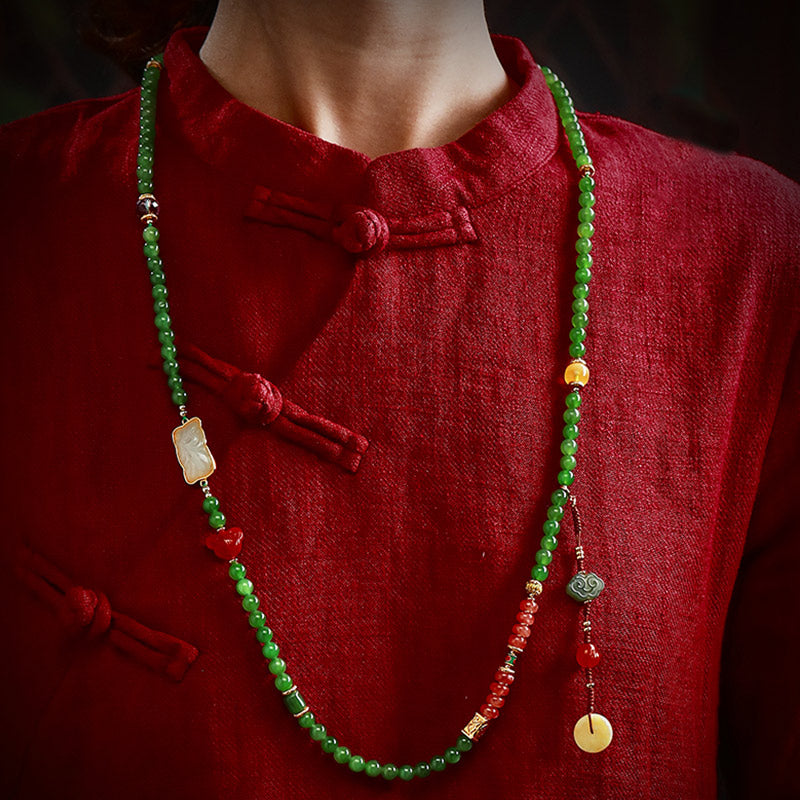 108 Mala Beads Cyan Jade Red Agate Laughing Buddha Luck Bracelet - image 4