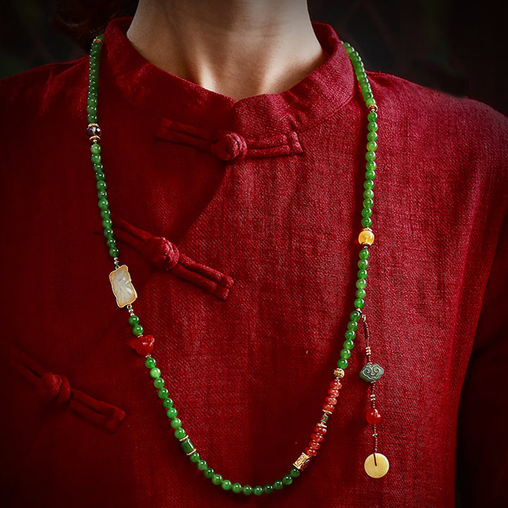 108 Mala Beads Cyan Jade Red Agate Laughing Buddha Luck Bracelet - image 4