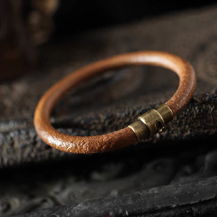 Buddha Stones Retro Leather Luck Healing Copper Magnetic Buckle Bracelet - image 3