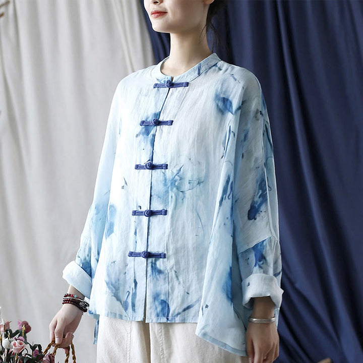 Buddha Stones Tie Dye Blue Flowers Frog-Button Design Long Sleeve Ramie Linen Jacket Shirt