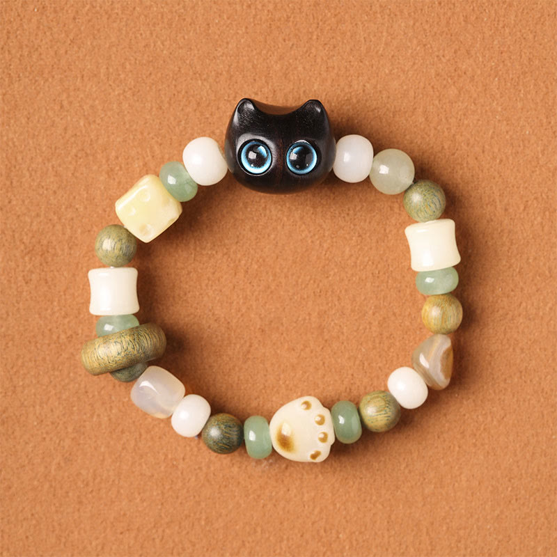 Buddha Stones Bodhi Seed Green Sandalwood Ebony Wood Small Leaf Red Sandalwood Cat Head Paw Claw Peace Bracelet - image 2