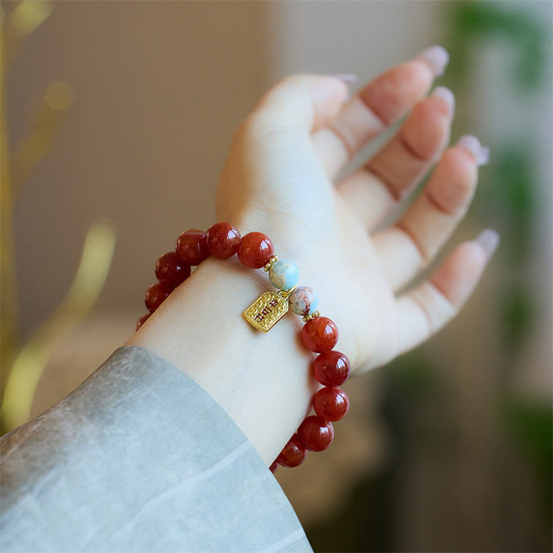 Buddha Stones Natural Red Agate Peace Talisman Fu Character Dragon Tail Confidence Charm Bracelet