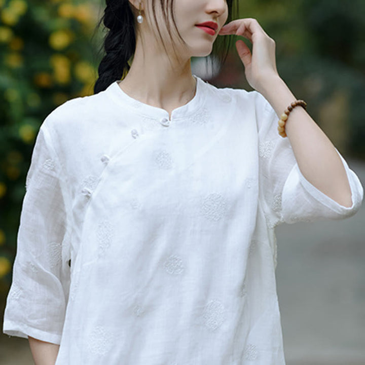 Buddha Stones Dandelion Flower Embroidery Half Sleeve Ramie Linen Chinese Cheongsam Midi Dress With Pockets