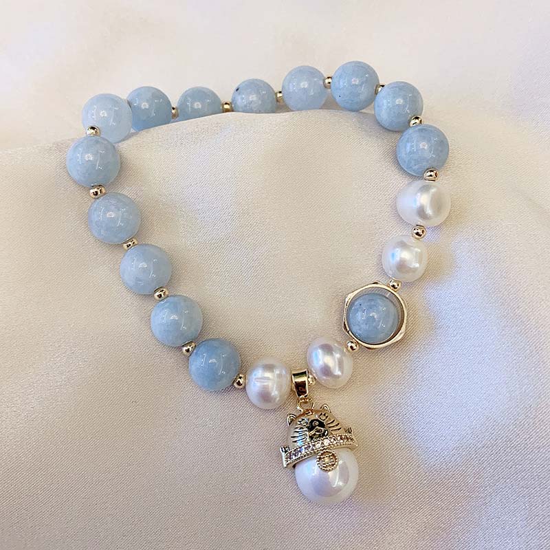 Buddha Stones Aquamarine Pearl Peace Healing Lucky Cat Charm Bracelet - Aquamarine - image 1