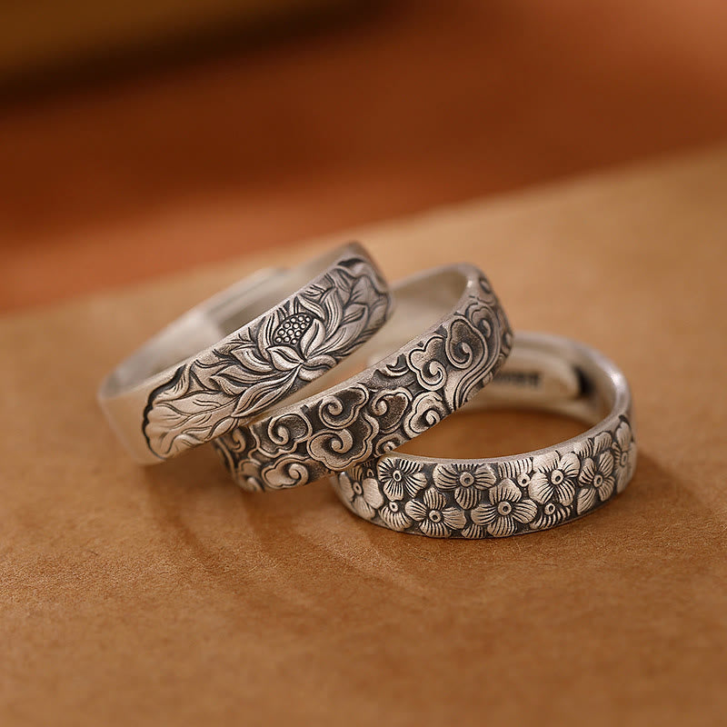 Buddha Stones 999 Sterling Silver Lotus Flower Plum Blossom Auspicious Clouds Engraved Enlightenment Ring - image 0