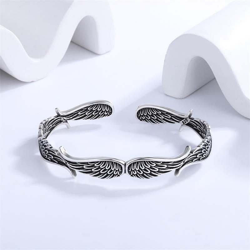 Buddha Stones Angel Wings Feather Pattern Carved Luck Cuff Bracelet Bangle - Silver Angel Wings - image 1