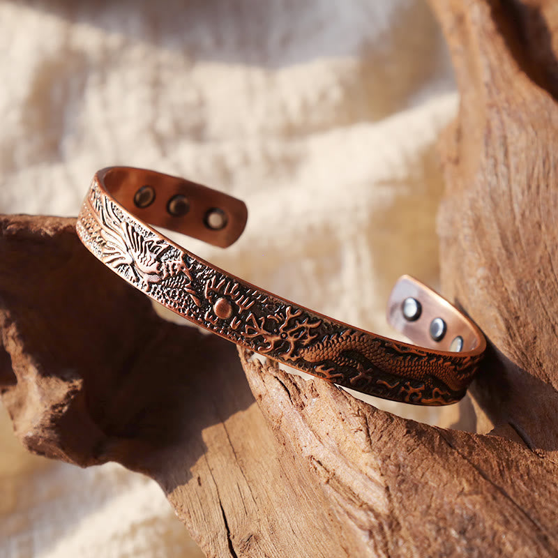 Buddha Stones Dragon Phoenix Magnetic Solid Copper Cuff Bracelet Bangle - image 3