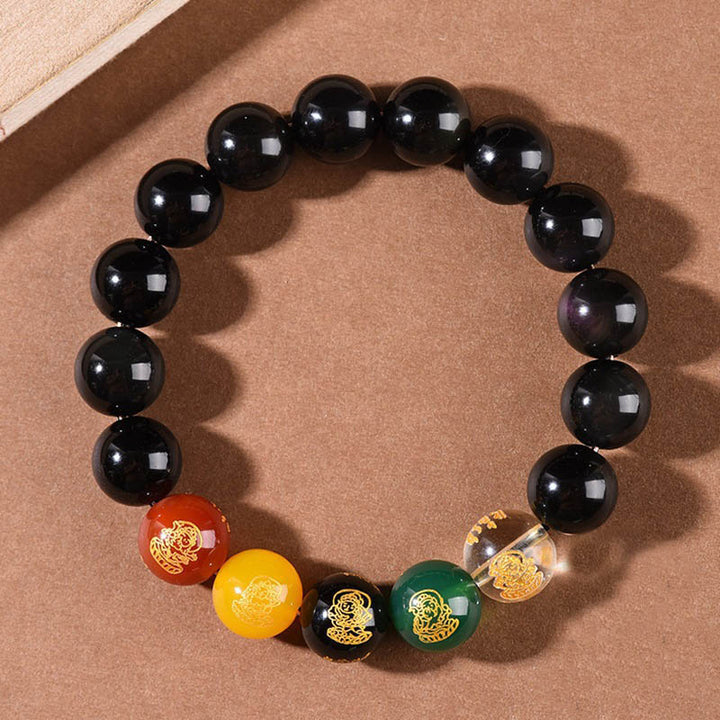 Buddha Stones Gold Sheen Obsidian Rainbow Obsidian Black Obsidian Five Directions Gods of Wealth Bracelet