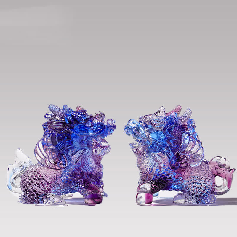 Feng Shui Kirin Handmade Liuli Crystal Art Piece Home Office Decoration - Purple - A Pair - image 2