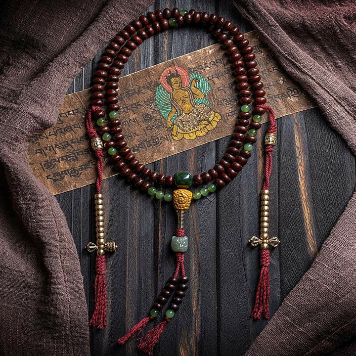 Buddha Stones Natural Tibet 108 Mala Beads Purple Bodhi Seed Hetian Cyan Jade Copper Dorje Peace Bracelet