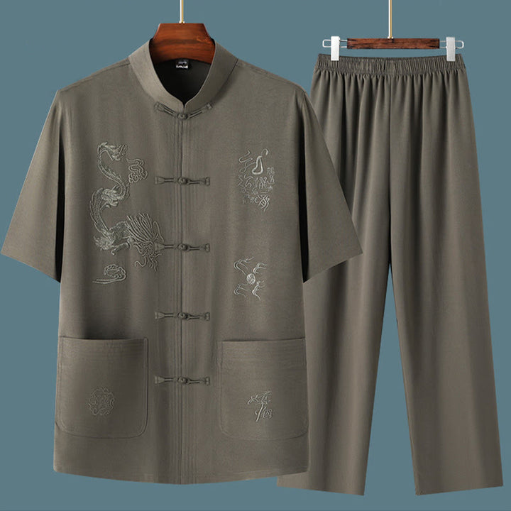 Buddha Stones Tang Suit Hanfu Chinese Dragon Traditional Kung Fu Uniform Short Sleeve Tops and Pants Clothing Men's Set - image 3
