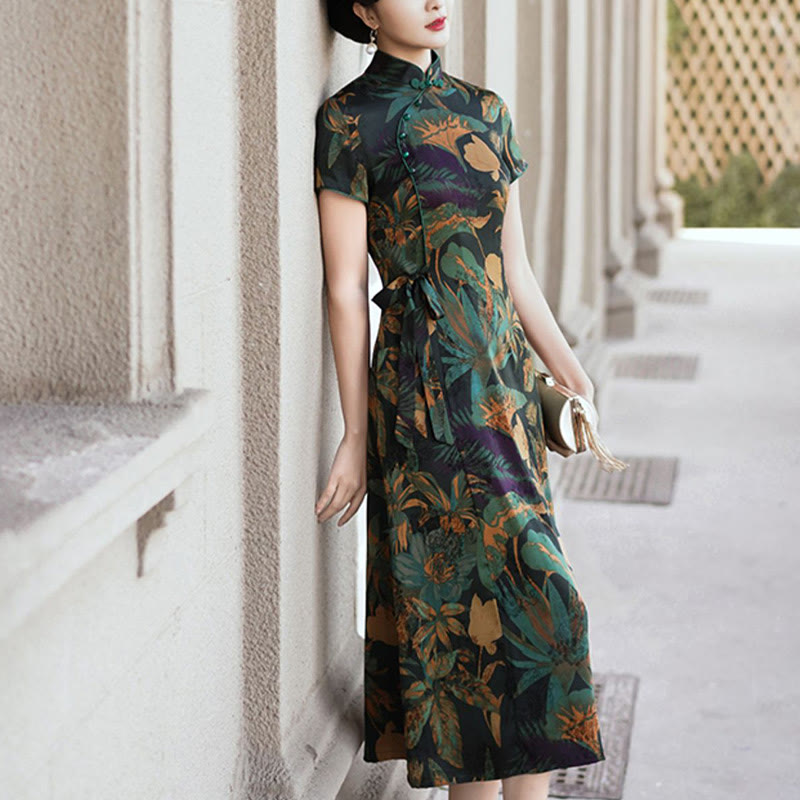 Buddha Stones Silk Qipao Dress Retro Flower Leaf Pattern Women's Cheongsam Dress