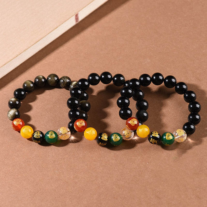 Buddha Stones Gold Sheen Obsidian Rainbow Obsidian Black Obsidian Five Directions Gods of Wealth Bracelet