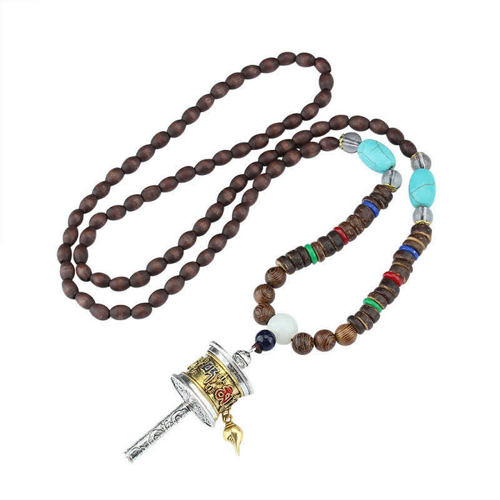 Buddha Stones Tibetan Om Mani Padme Hum Prayer Wheel Rotation Vajra Wood Necklace Pendant - image 13