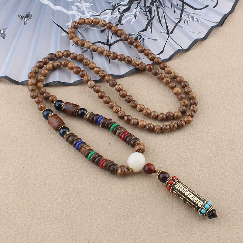 Buddha Stones Tibetan Om Mani Padme Hum Dzi Bead Wenge Wood Necklace Pendant - Om Mani Padme Hum Wood Bead Chain - image 1
