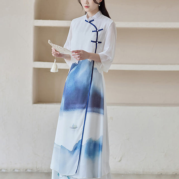 Buddha Stones Blue Landscape Painting Three Quarter Chinese Cheongsam Midi Dress