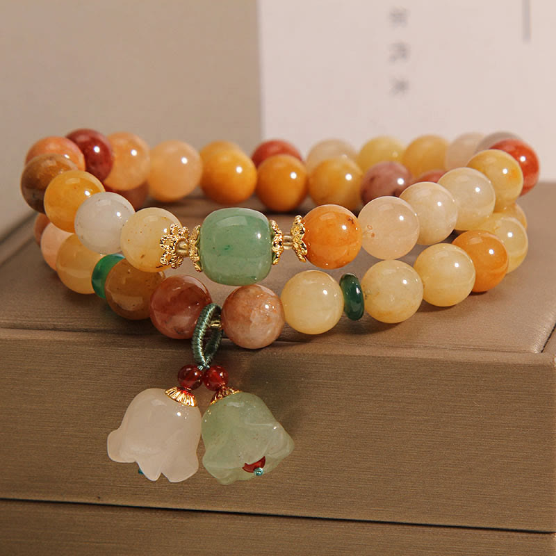 Buddha Stones Tibet Natural Golden Silk Jade Double Layer Bell Orchid Luck Bracelet