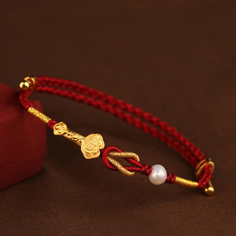 Buddha Stones 24K Gold Wish Ruyi Handle Fu Character Rabbit Pearl Luck Braided Bracelet - 24K Gold Wish Ruyi Handle Fu Character Pearl(Wrist Circumference 14-19cm) - image 0