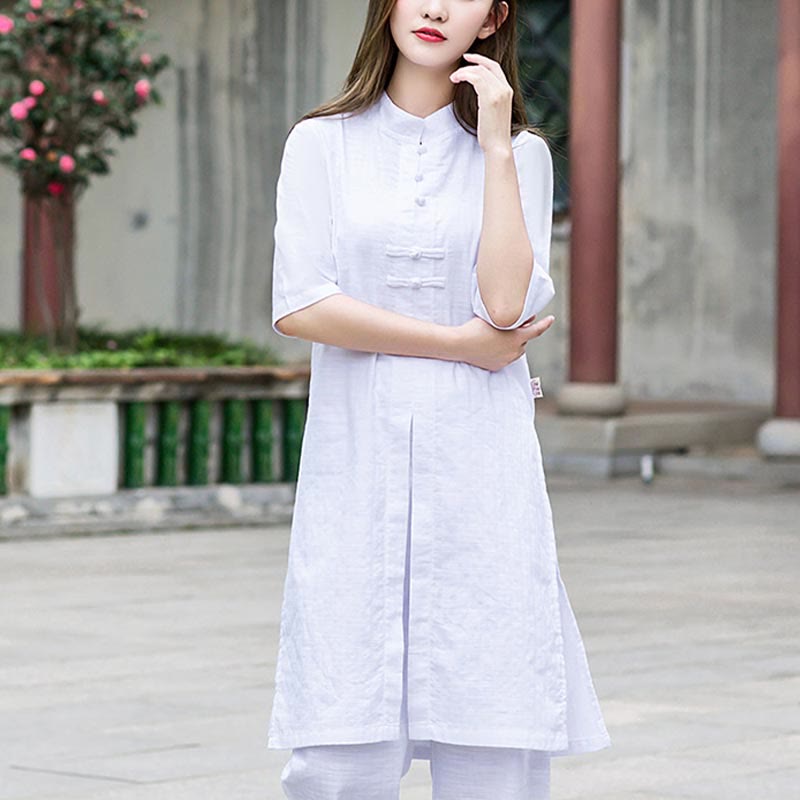 Buddha Stones 2Pcs Half Sleeve Shirt Top Pants Meditation Zen Tai Chi Linen Clothing Women's Set