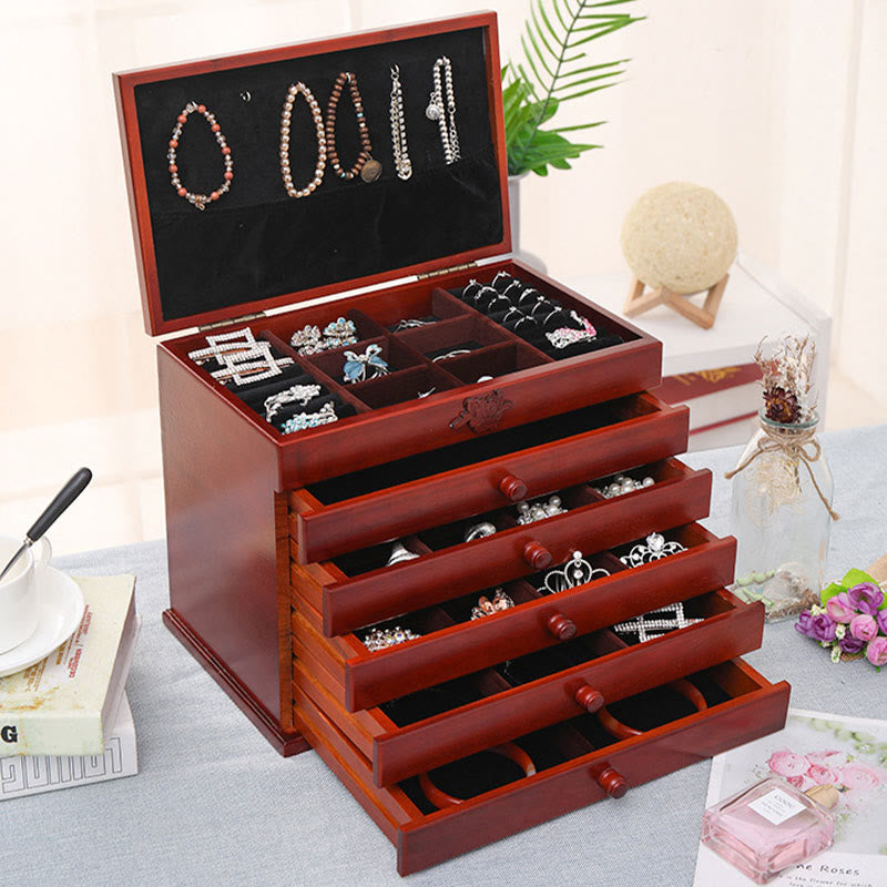 Buddha Stones Large Capacity Vintage Flowers Carved Wooden Jewelry Box Six-Layer Jewelry Storage Box - Walnut Color 32*20.6*24.7cm - image 0