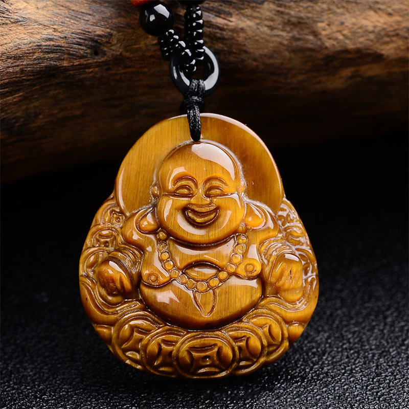 Buddha Stones Tiger's Eye Laughing Buddha Blessing Necklace - image 2