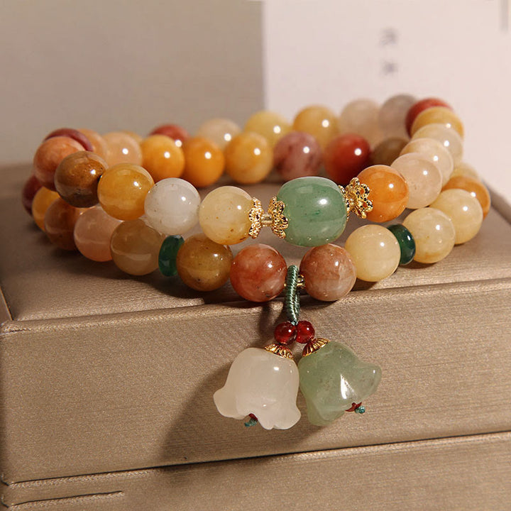 Buddha Stones Tibet Natural Golden Silk Jade Double Layer Bell Orchid Luck Bracelet