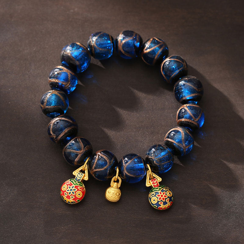 Buddha Stones Gold Swallowing Beast Luck Charm Blue Liuli Glass Bead Fortune Bracelet