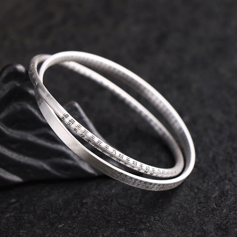 Buddha Stones 999 Sterling Silver Heart Sutra Carved Protection Bracelet Bangle - 62mm - image 1