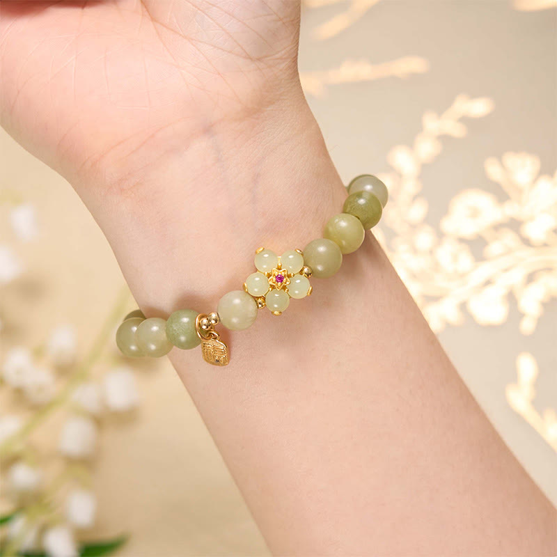 Buddha Stones Green Jade Flower Fu Character Charm Luck Bracelet