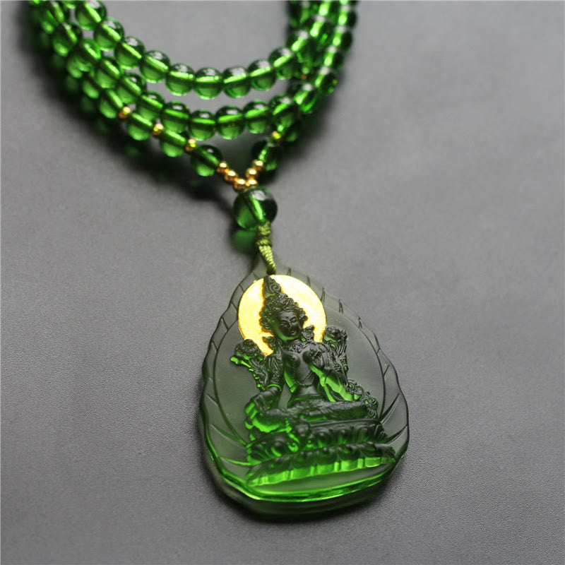 Buddha Stones Tibetan Green Tara Buddha Gold Plated Liuli Crystal Protection Necklace Pendant - Leaf Green Tara - Buddha Light Version - image 7