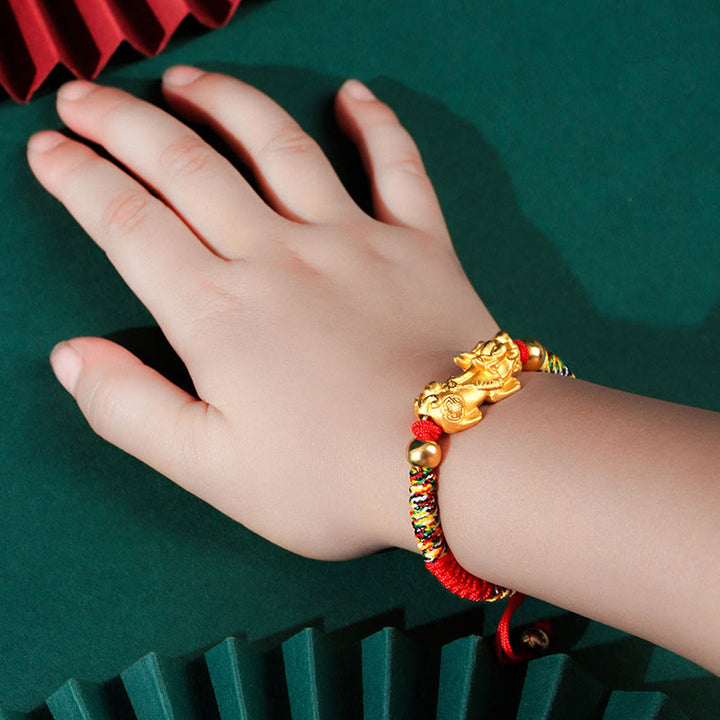 Buddha Stones 999 Sterling Silver PiXiu Wealth King Kong Knot String Braided Kids Child Bracelet - 999 Sterling Silver Golden PiXiu - Colorful Rope(Bracelet Size 12+4cm) - image 1