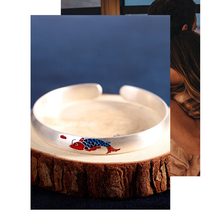 Buddha Stones 999 Sterling Silver Koi Fish Luck Cuff Bracelet Bangle - image 6