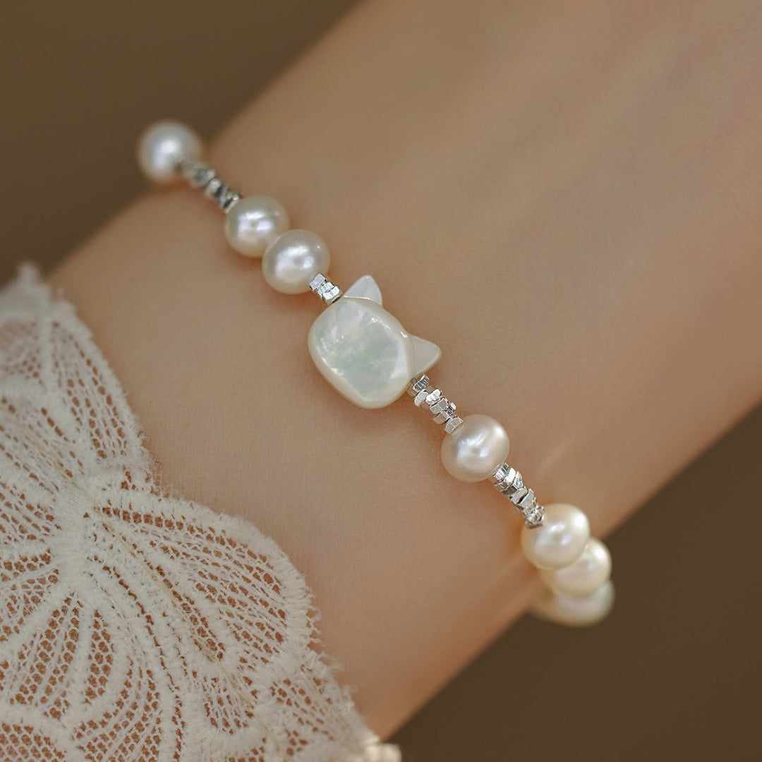 Buddha Stones Pearl Cat Head Tridacna Stone Silver Chain Healing Bracelet