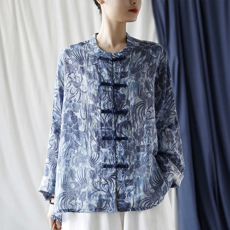 Buddha Stones Retro Blue White Flowers Frog-Button Design Long Sleeve Ramie Linen Jacket Shirt