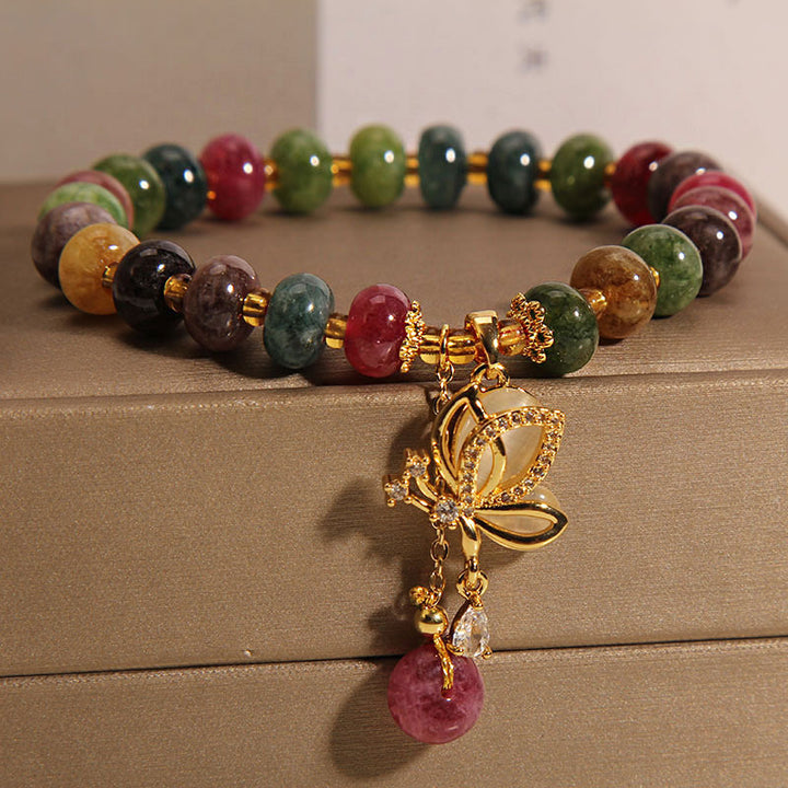 Buddha Stones Colorful Tourmaline Butterfly Charm Wisdom Bracelet