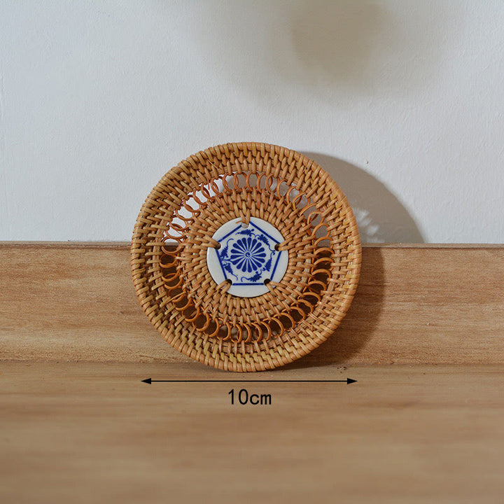 Ceramic Flower Pattern Rattan Cup Mat Tea Cup Coaster - 10cm Ceramic Coaster  - image 11