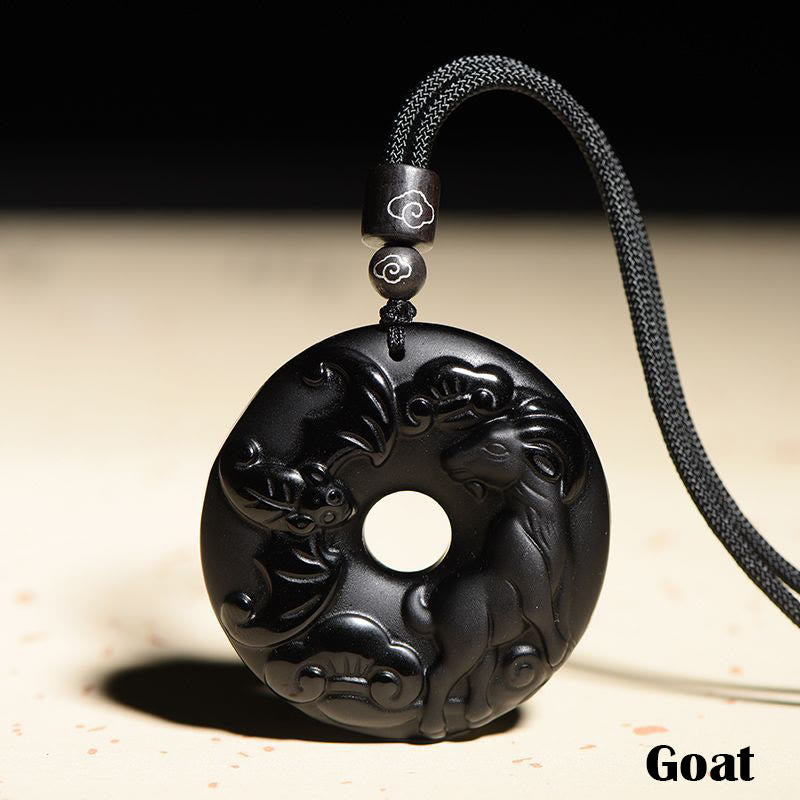 Buddha Stones Chinese Zodiac Natural Black Obsidian Peace Buckle Strength Necklace Pendant - Goat - image 18