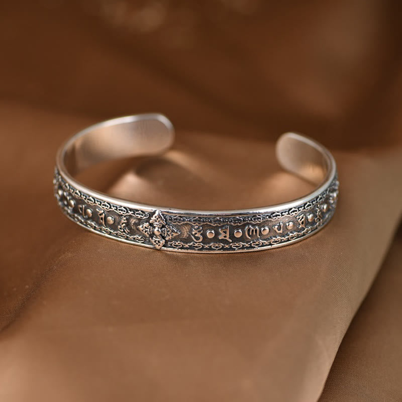 Buddha Stones 925 Sterling Silver Om Mani Padme Hum Double Dorje Engraved Wisdom Cuff Bracelet Bangle - Bracelet Inner Circumference 18.5cm - image 1