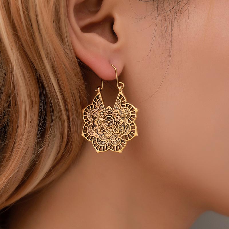 Buddha Stones Tibetan Lotus Engraving Copper Blessing Drop Earrings - image 5