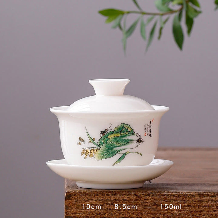 Buddha Stones White Porcelain Mountain Landscape Countryside Ceramic Gaiwan Teacup Kung Fu Tea Cup And Saucer With Lid