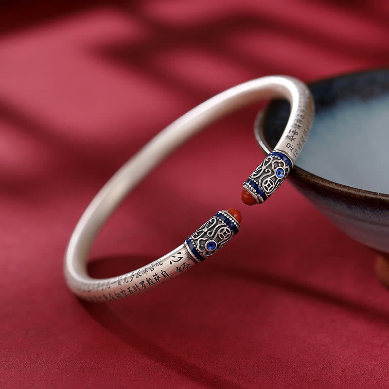 Buddha Stones 999 Sterling Silver Heart Sutra Engraved Red Agate Protection Bracelet Bangle - image 2