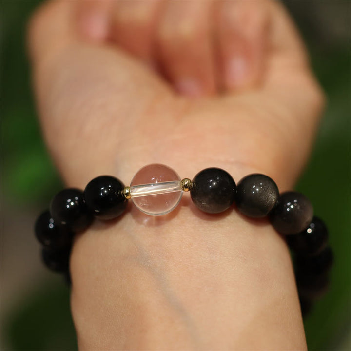 Natural Silver Sheen Obsidian Pink Crystal White Crystal Protection Yin Yang Color Couple Bracelet - 10mm Silver Sheen Obsidian&White Crystal - image 2