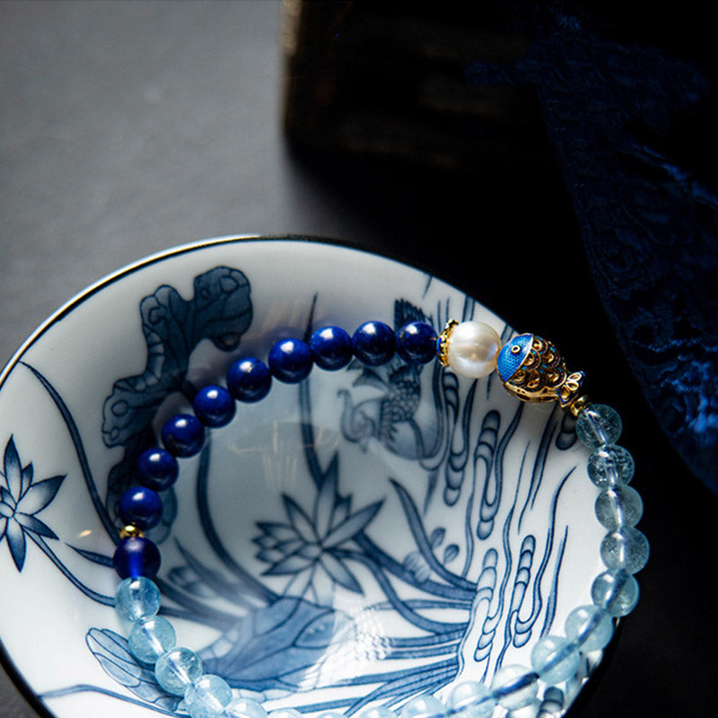 Buddha Stones Natural Aquamarine Lazurite Lapis Lazuli Fish Healing Bracelet - image 3