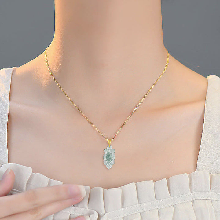 Buddha Stones 18K Gold Natural Jade Lotus Pattern Prosperity Necklace Pendant - image 6