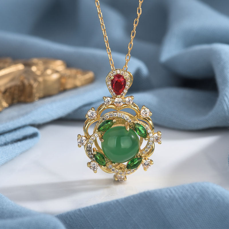 Buddha Stones Cyan Jade Red Crystal Luck Necklace - Green - image 1