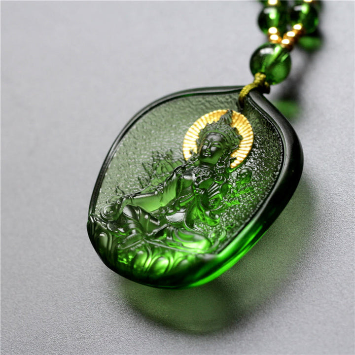 Buddha Stones Tibetan Green Tara Buddha Gold Plated Liuli Crystal Protection Necklace Pendant - image 3