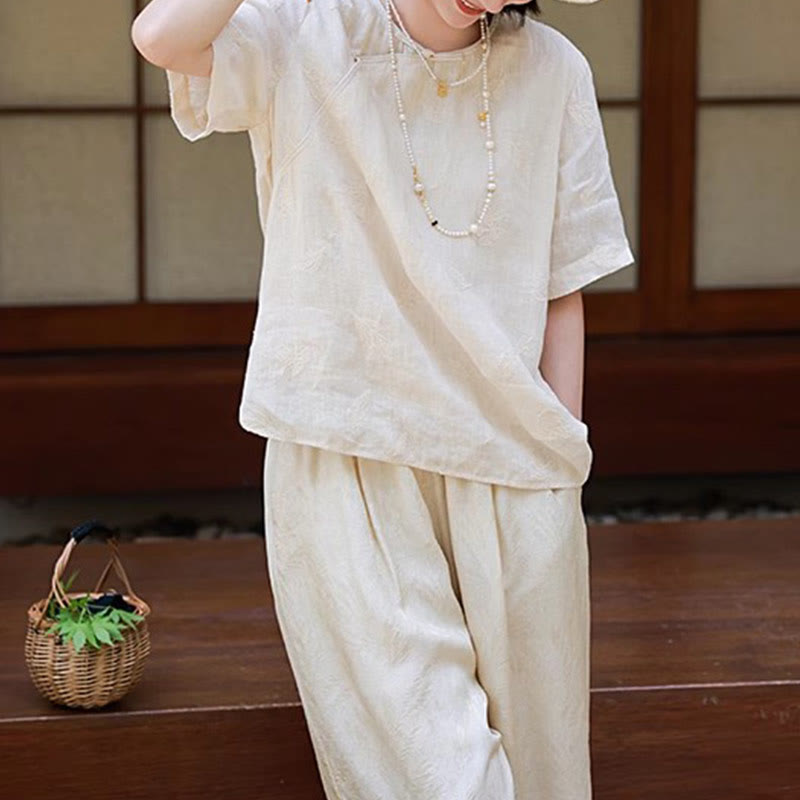 Buddha Stones Ramie Linen Loose Blouse Short Sleeve Shirt Chinese Style Top