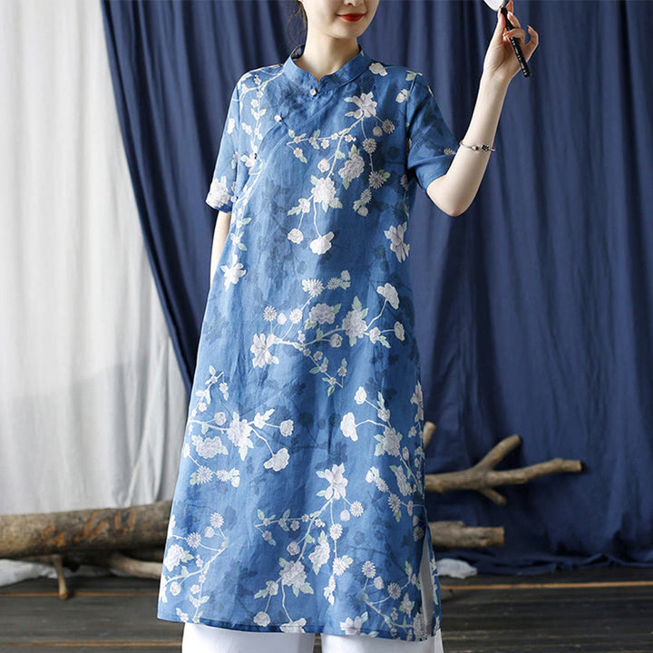 Buddha Stones Ramie Linen Blue White Flowers Branches Cheongsam Dresses Short Sleeve Dress