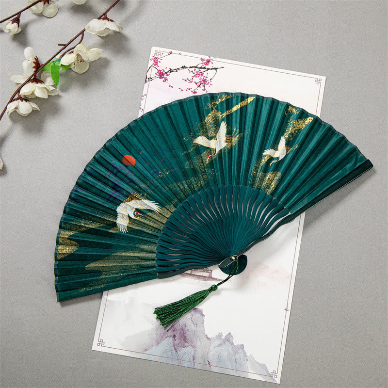 Buddha Stones Flying White Crane Sun Cloud Handheld Silk Bamboo Folding Fan 22cm